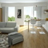 rendering of a modern living room with open kitchen