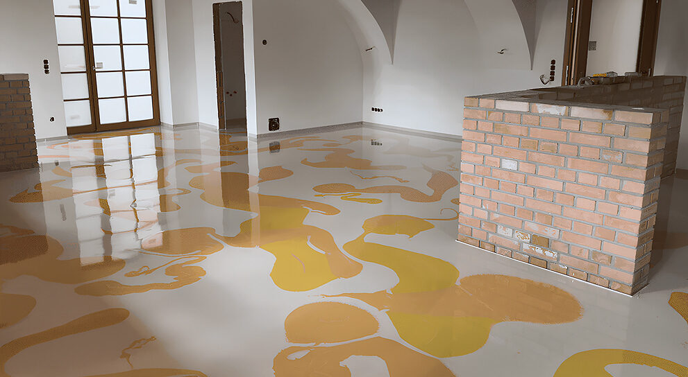 Glänzender Designboden in Gelb-Beige mit organischen Farbverläufen in modernem Wohnbereich.