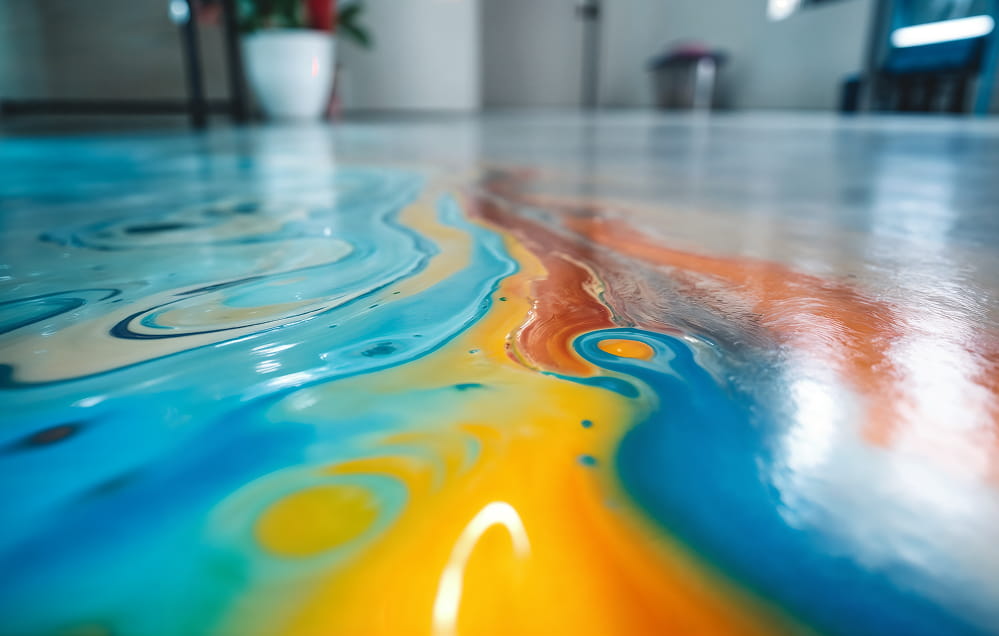 Nahaufnahme von bunter Farbe, hauptsächlich blau, gelb und orange, die einen glänzenden designbeschichteten Fußboden abbilden, mit einer unscharfen Topfpflanze und einem Zimmer im Hintergrund.