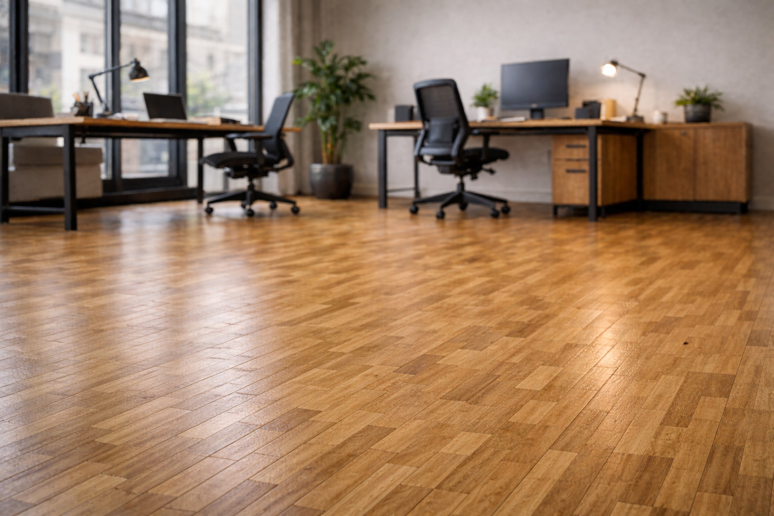 Moderne Büroräume mit Industrieparkett-Holzboden, zwei Schreibtischen mit Bürostühlen, Computern, Lampen, Pflanzen und großen Fenstern, die für Tageslicht sorgen.