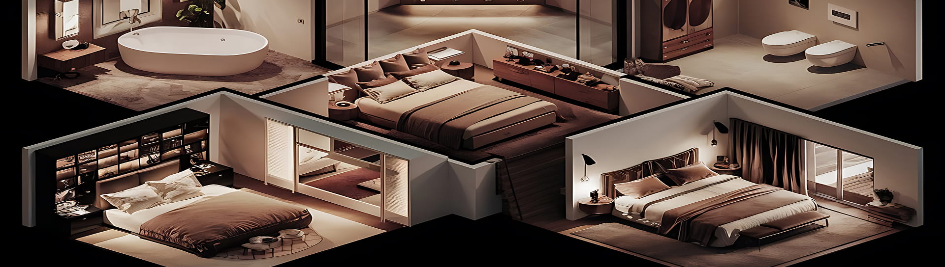 3D-Grundriss mit vier modernen Schlafzimmern, einem Badezimmer mit freistehender Badewanne und einem separaten Raum mit Toilette und Bidet, alles in neutralen Farben gehalten.