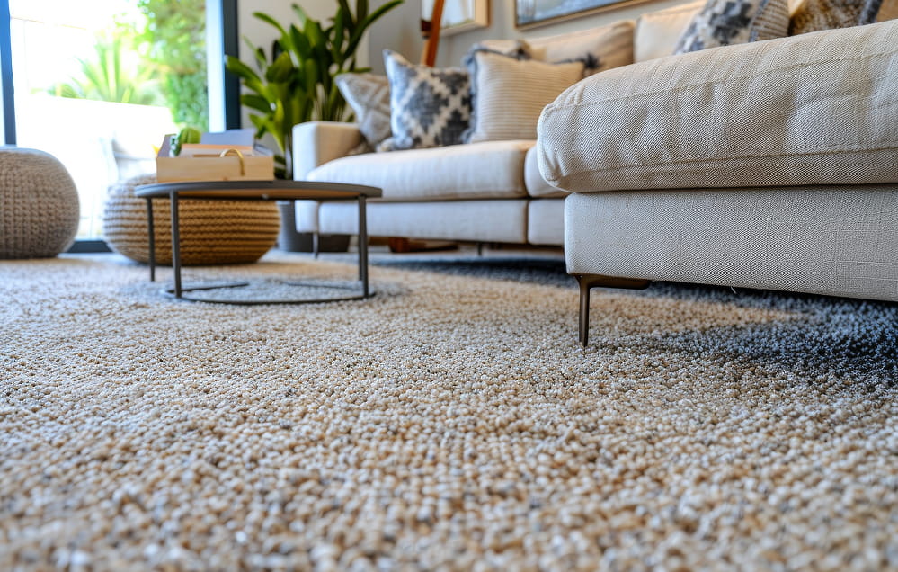 Eine Nahaufnahme eines strukturierten beigen Teppichs in einem modernen Wohnzimmer mit einem Sofa, einem runden Couchtisch und Grünpflanzen im Hintergrund.