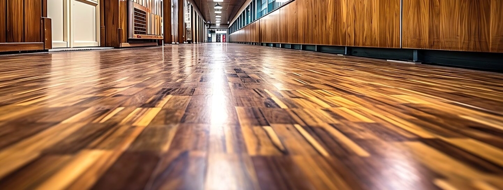 Ein langer, leerer Flur mit polierten Holzfußböden und hölzernen Wandpaneelen, die von Deckenlampen beleuchtet werden.