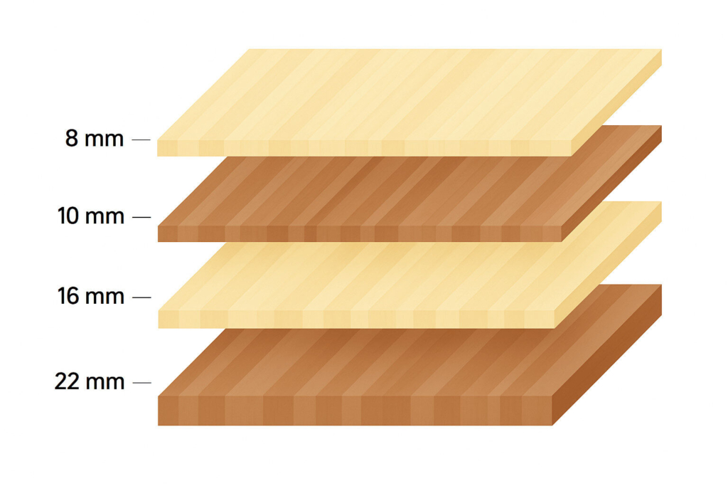 Vier Holzbretter unterschiedlicher Dicke - 8 mm, 10 mm, 16 mm und 22 mm - werden in einer Stapelanordnung mit beschrifteten Maßen dargestellt.