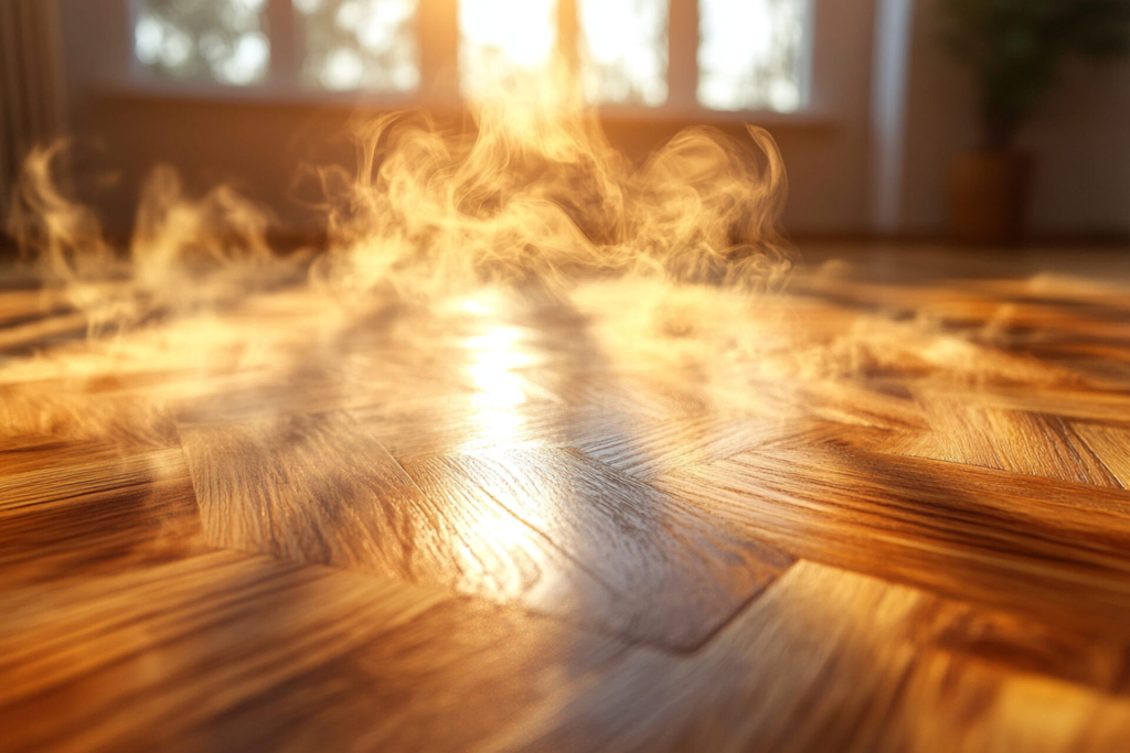 Das Sonnenlicht scheint durch ein Fenster auf den Parkettboden und hebt den Dampf oder Nebel, der von der Oberfläche aufsteigt, hervor und offenbart die behagliche Wärme und hohe Luftfeuchtigkeit des Raumes.