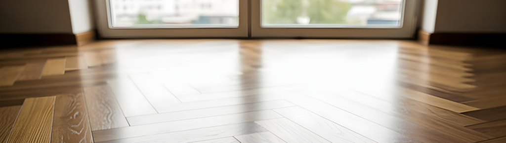 Nahaufnahme eines sauberen, gewachsten Fischgrätenparketts vor großen Glastüren mit unscharfem Blick nach draußen.