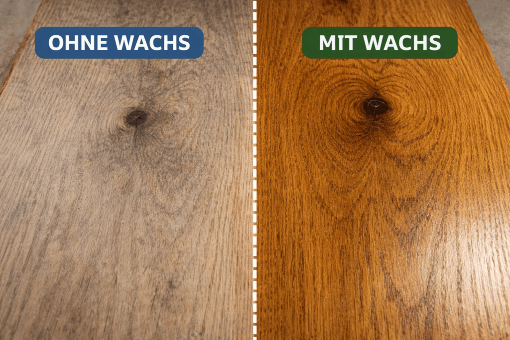 Zwei hölzerne Parkettflächen nebeneinander; die linke ist mit "OHNE WACHS" beschriftet und wirkt matt, während die rechte, mit Ölwachs behandelte, mit "MIT WACHS" beschriftet ist und dunkler und glänzender wirkt.