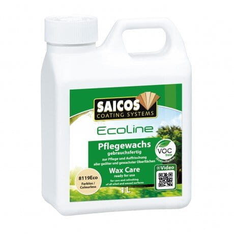 Eine 1-Liter-Plastikflasche Saicos Ecoline Wax Care mit grünem Etikett, die zur Reinigung und Auffrischung von versiegelten und geölten Oberflächen bestimmt ist.