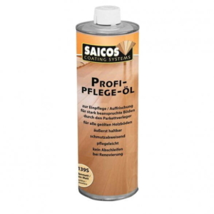 Eine Metalldose mit Saicos Profi-Pflege-Öl mit deutschem Text zur Pflege geölter Holzböden.
