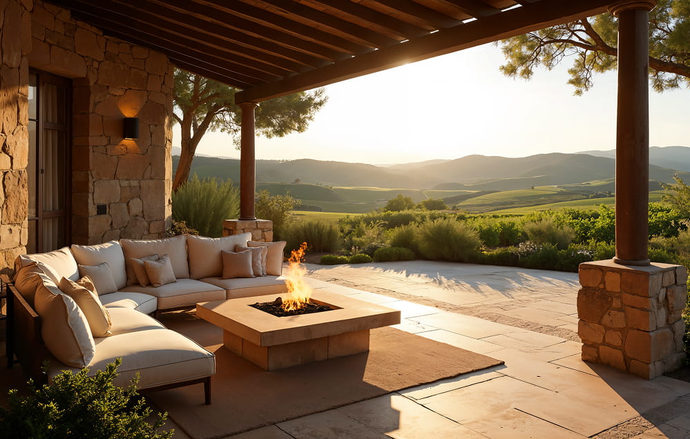 Steinterrasse mit gepolstertem Sofa und Feuerstelle, mit Blick auf grüne Hügel bei Sonnenuntergang unter einer hölzernen Pergola.