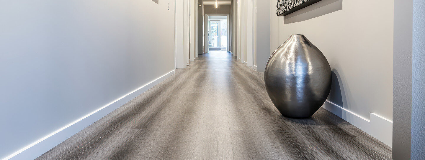 Ein moderner Flur mit hellgrauem, modernen Designfußboden, weißen Wänden und einer großen Metallvase an der rechten Wand.