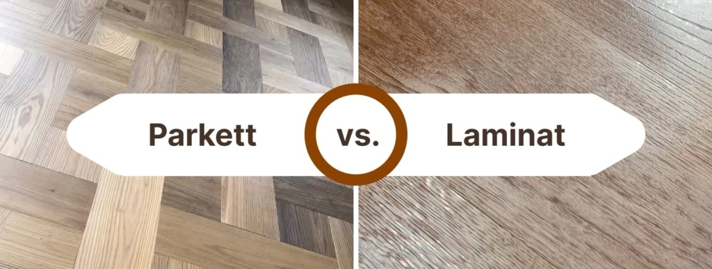 Eine Gegenüberstellung von Parkett auf der linken Seite und Laminat auf der rechten Seite, mit dem Text "Parkett vs. Laminat" in der Mitte.