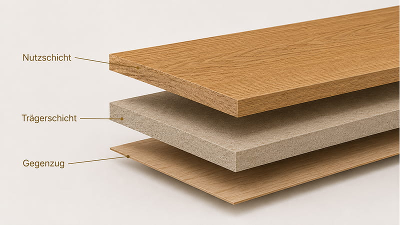 Dreischichtiger Holzwerkstoffboden mit deutschen Bezeichnungen: oberste Nutzschicht, Trägerschicht und unterste Gegenzugschicht.