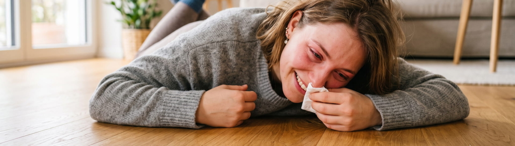 Eine Frau liegt auf einem Holzboden in einem Wohnzimmer, wirkt sehr bewegt und weint, während sie ein Taschentuch in der Hand hält; im Hintergrund sind Pflanzen und ein Sofa zu sehen.