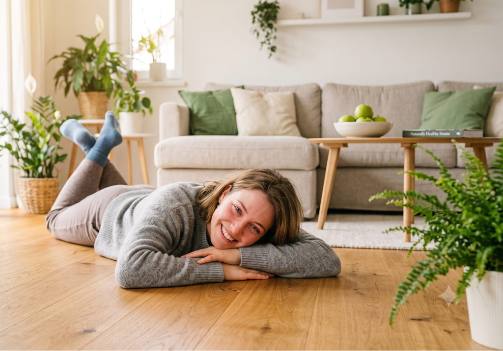 Eine Frau liegt lächelnd auf dem Bauch auf einem Holzboden in einem Wohnzimmer mit Pflanzen, einem Sofa und grünen Deko-Akzenten.