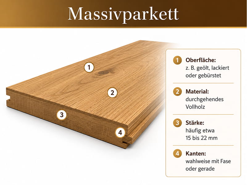 Schematische Darstellung einer Massivholzdiele mit Angaben zur Oberflächenbehandlung, zum Massivholzmaterial, zur typischen Dicke und zu den Kantenausführungen sowie kurzen Beschreibungen auf Deutsch.