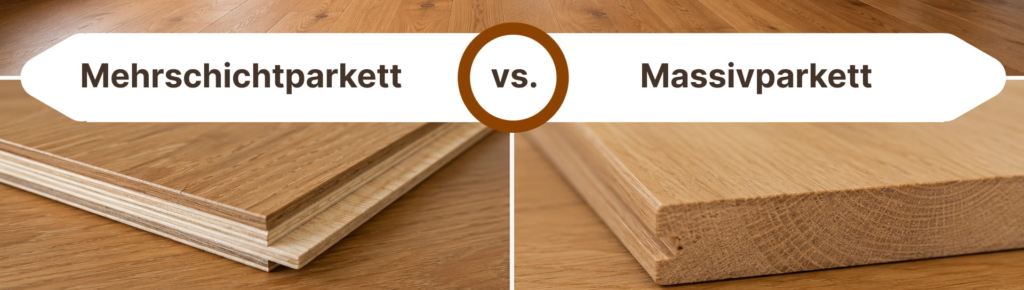 Direkter Vergleich von Mehrschichtparkett (links) und Massivholzparkett (rechts) mit Etiketten in deutscher Sprache.