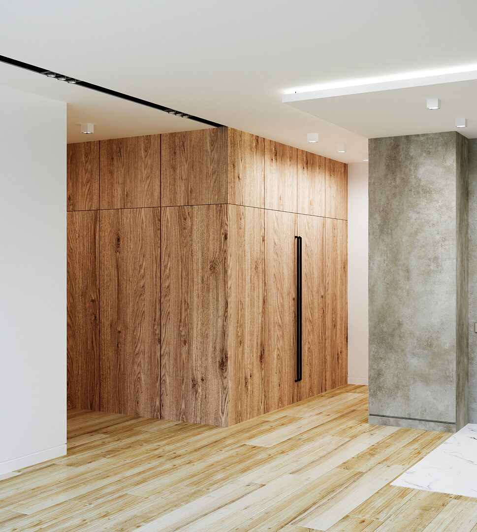 Moderne Innenarchitektur mit holzverkleideter Wand und heller Raumgestaltung.