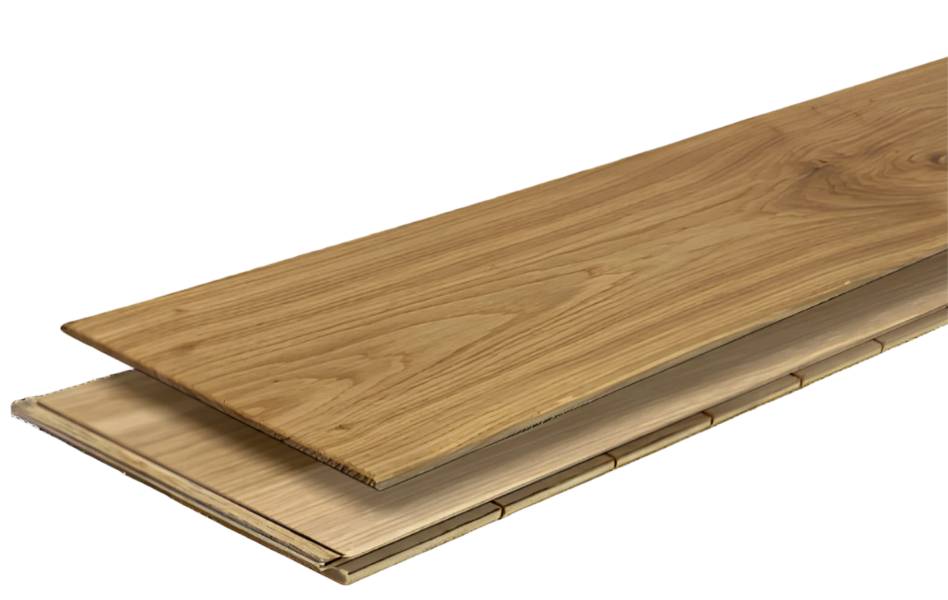 3D-Modell einer Parkettdiele mit sichtbarem Schichtenaufbau – Deckschicht, Mittellage und Gegenzug zur Veranschaulichung der Konstruktion hochwertiger Parkettböden.