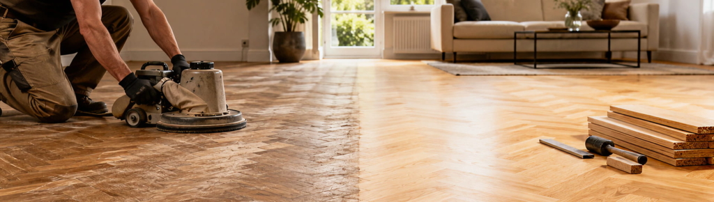 Eine Person schleift einen Fischgrät-Holzboden in einem Wohnzimmer mit einer Bodenschleifmaschine; rechts sind frische Dielen und Werkzeuge zu sehen.