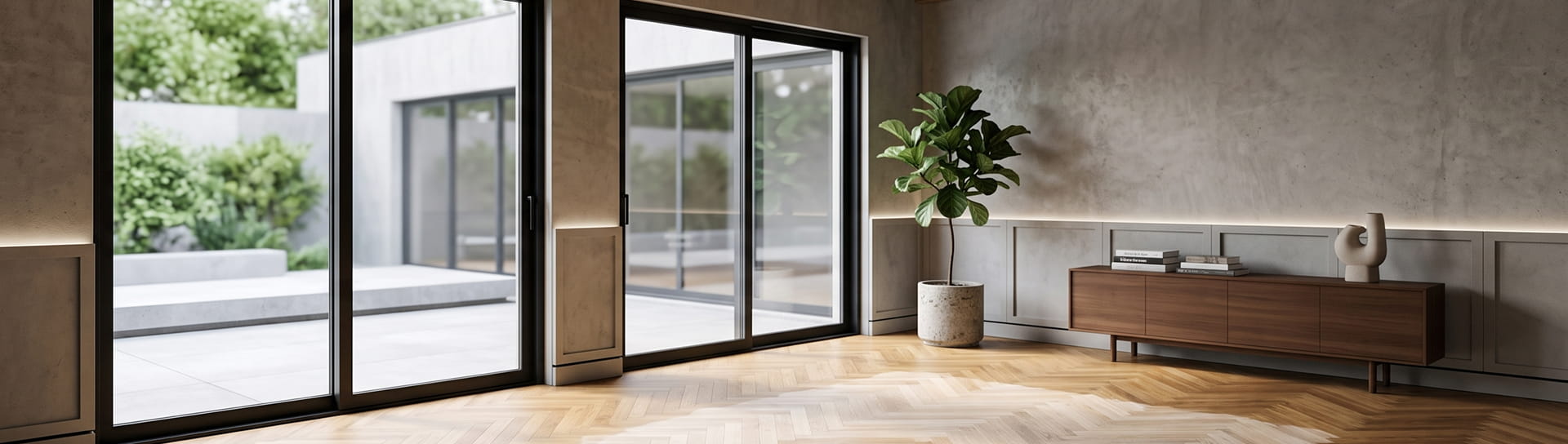 Modernes Wohnzimmer mit großen Glasschiebetüren, Holzboden der durch die Sonne etwas verfärbt ist, einer Topfpflanze und einem Sideboard aus Holz mit Dekoartikeln. Draußen ist der begrünte Innenhof zu sehen.