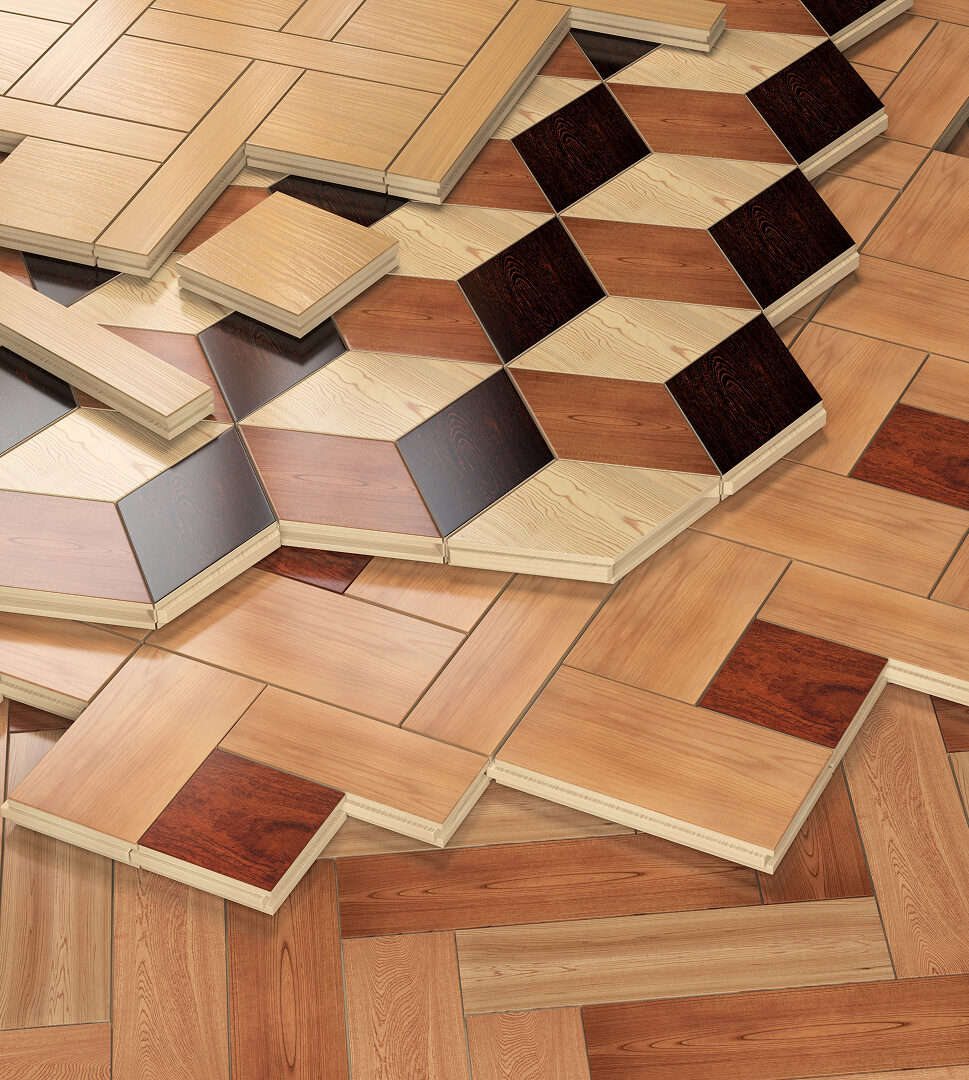 Verschiedene Holzparkett-Muster in unterschiedlichen Farbtönen und geometrischen Formen, nebeneinander angeordnet und teilweise übereinandergelegt.
