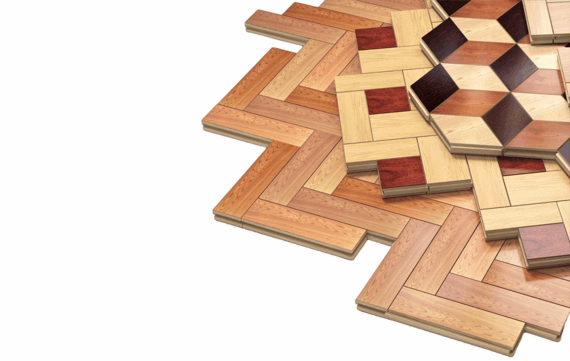 Tafelparkett mit verschiedenen geometrischen Mustern und Holzarten, die ineinandergreifen – ideal für exklusive Boden-Highlights in Wohn- und Geschäftsräumen.