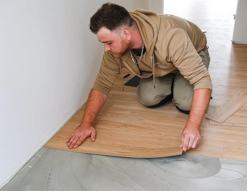 Handwerker verlegt Vinylboden auf vorbereiteten Untergrund mit Kleber.