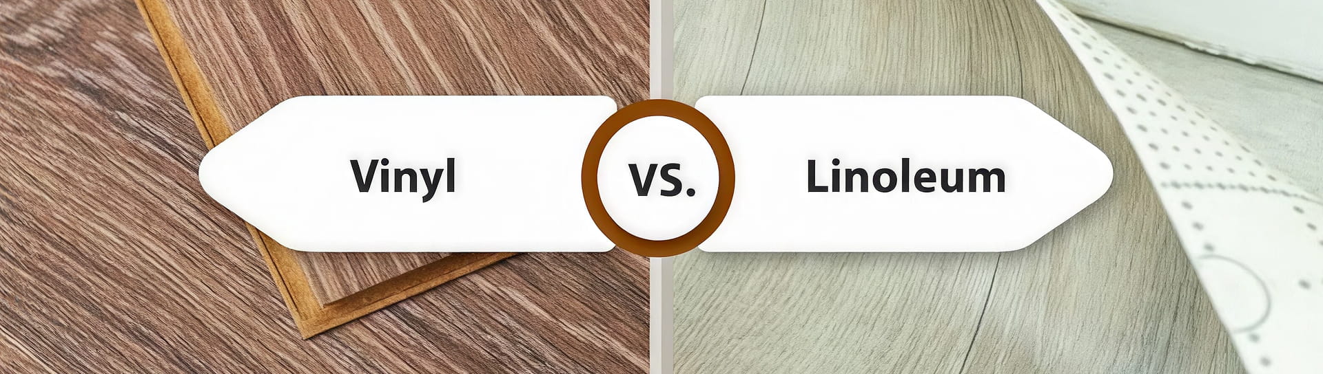 Geteiltes Bild, das links einen Vinylboden und rechts einen Linoleumboden zeigt, mit der Beschriftung „Vinyl vs. Linoleum“ in der Mitte.