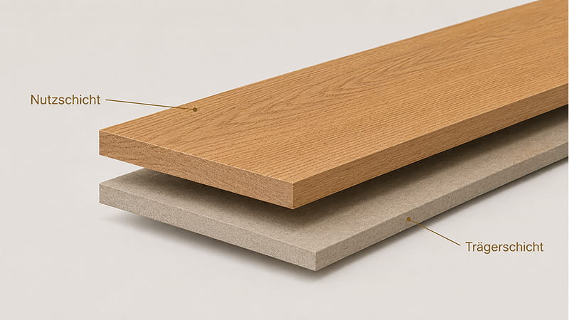 Zwei Holzbretter im Querschnitt: Das obere ist mit „Nutzschicht“ beschriftet, das untere mit „Trägerschicht“, wobei Pfeile auf die jeweilige Schicht hinweisen.